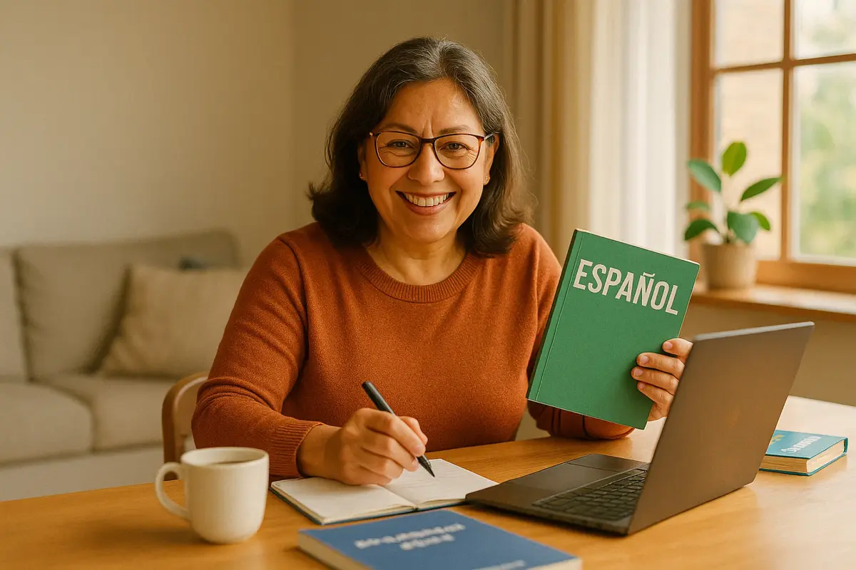 Latina enseñando español por internet desde casa Mujer latina enseñando español online desde su casa