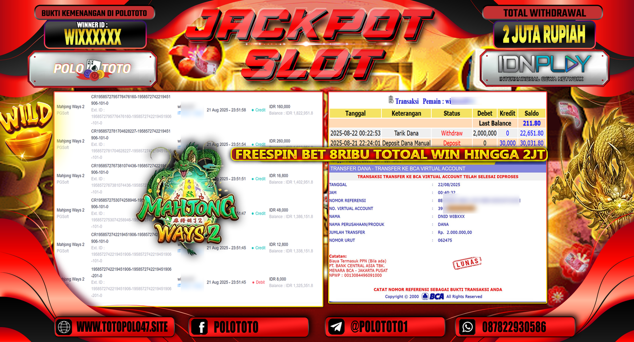POLOTOTO JACKPOT SLOT MAHJONG WAYS 2 Rp.2.000.000,-