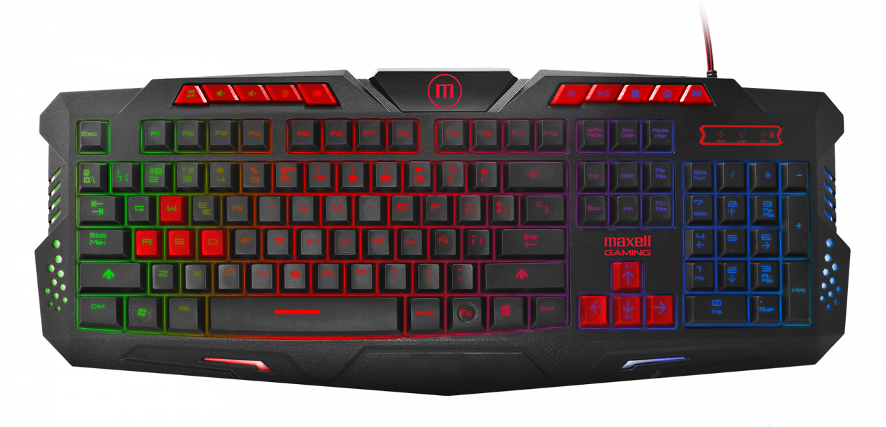 Teclado para gaming de Maxell con iluminación de fondo multicolor.