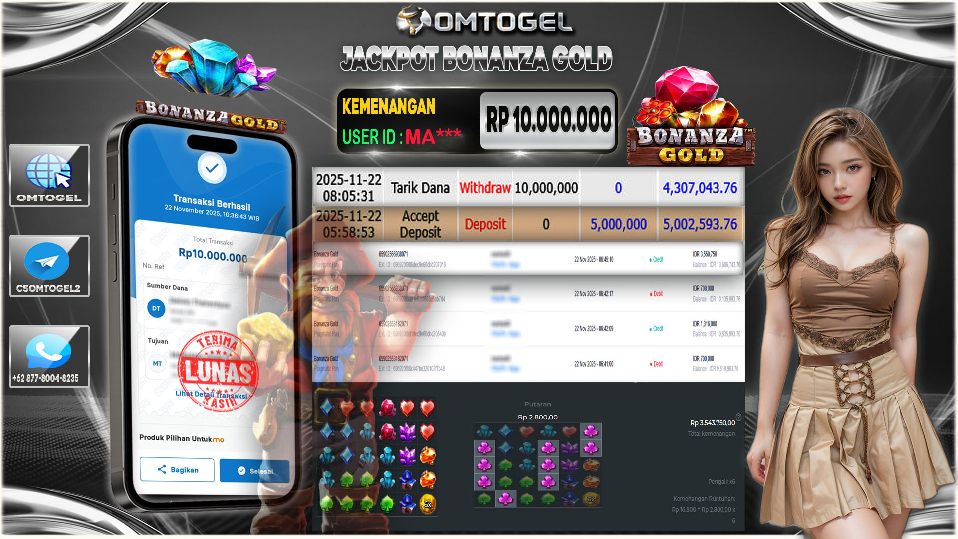 OMTOGEL JACKPOT PRAGMATIC PLAY BONANZA GOLD ,10 JUTA DI BAYAR LUNAS ,-