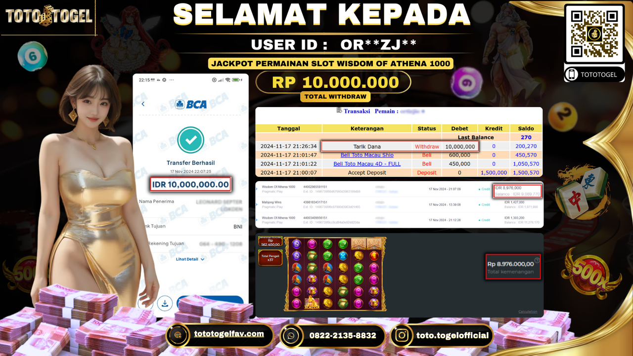 Bukti Pembayaran Jackpot Permainan Slot Wisdo Of Athen 1000  ID: OR**ZJ** LUNAS 