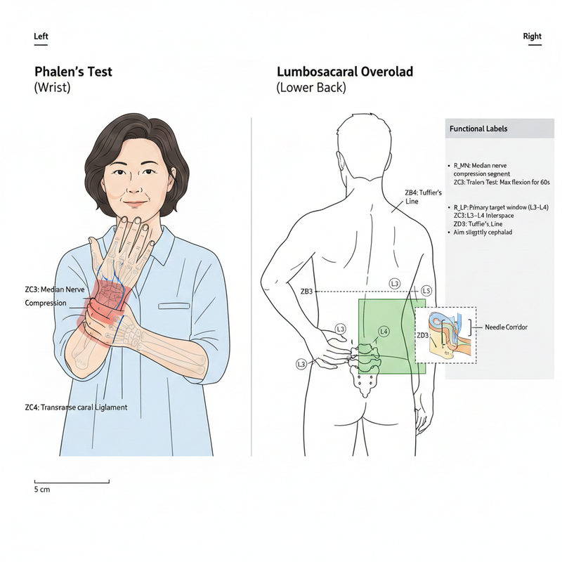 명절 후 손목과 허리를 잡고 있는 환자의 모습