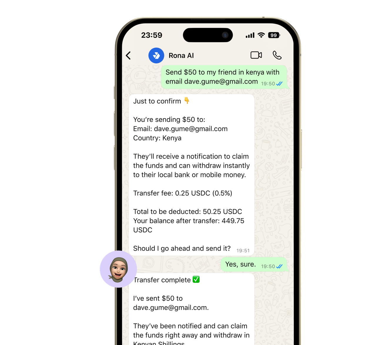 Rona AI assistant helping you send stablecoins through WhatsApp
