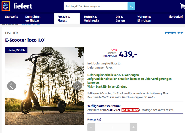 E-Scooter ioco 1.0 bei Aldi für 439 Euro E-Scooter ioco 1.0 bei Aldi für 439 Euro