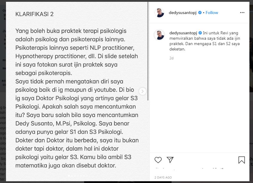 Dedy Susanto klarifikasi