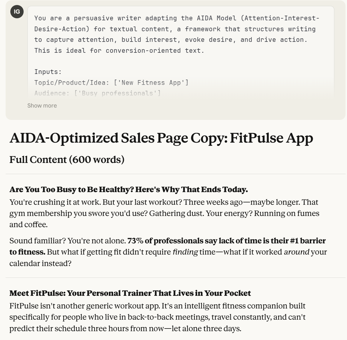 Comparison of generic AI text versus structured AIDA prompt output
