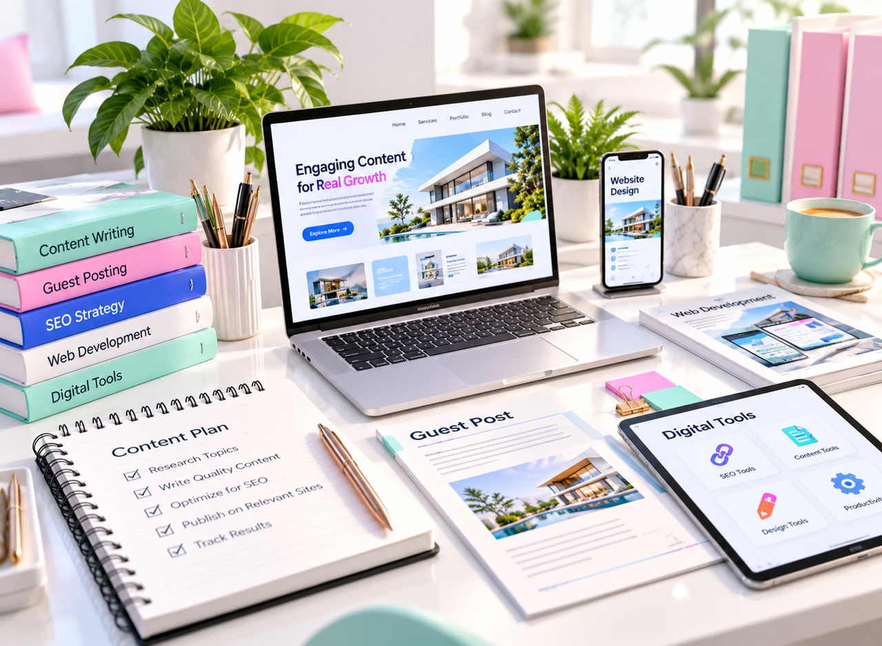 Pastel content studio showing editorial writing, guest posting, web development and digital tools