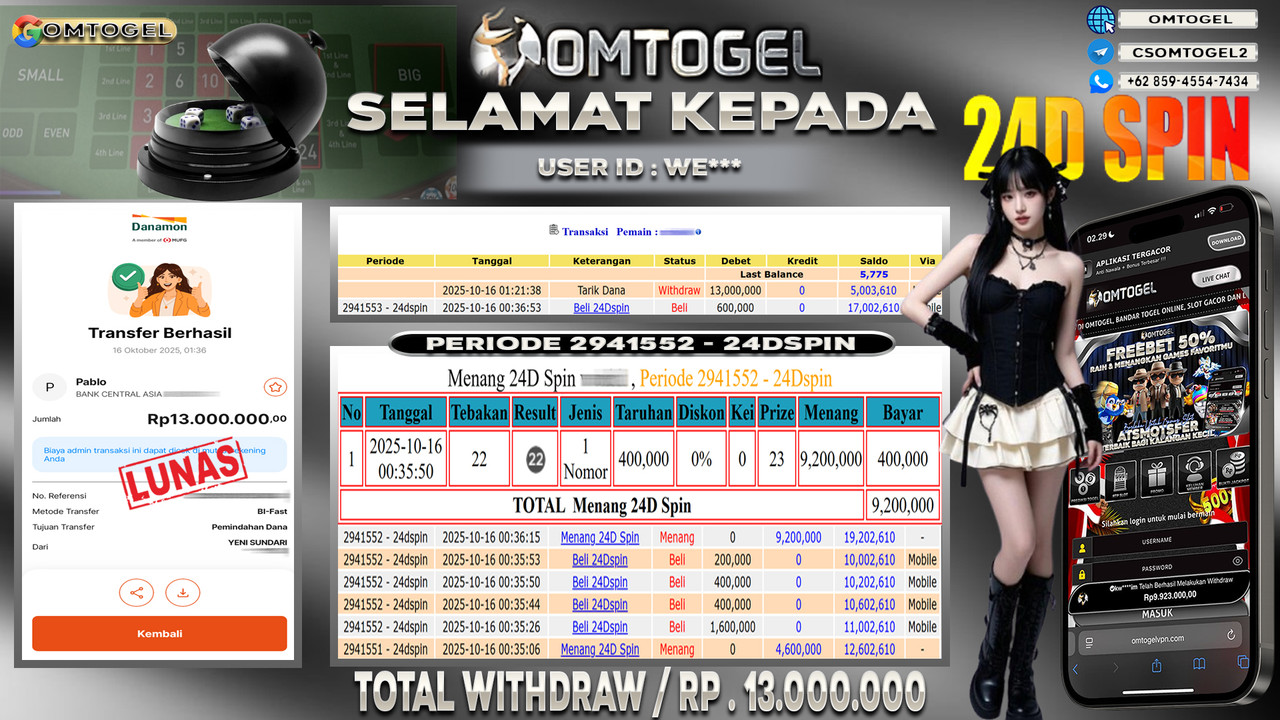 OMTOGEL JACKPOT LIVE GAMES 24D SPIN 13 JUTA DI BAYAR LUNAS ,-