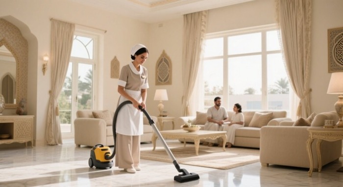 Housemaid cleaning a modern villa in Abu Dhabi