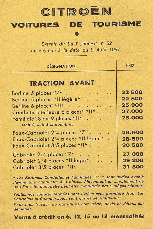 Tarif gamme 1937