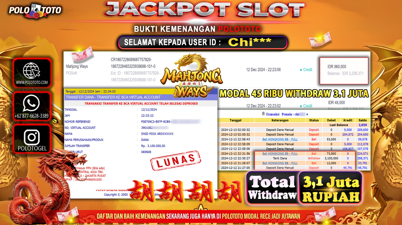 POLOTOTO JACKPOT SLOT MAHJONG WAYS Rp.3,100.000,-