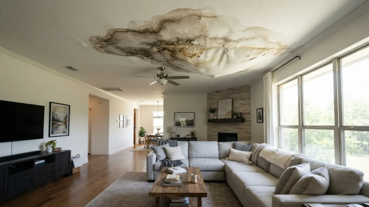 Roof leak water stain on ceiling San Antonio home interior damage