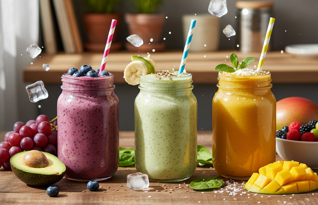 Three delicious and healthy smoothies in mason jars