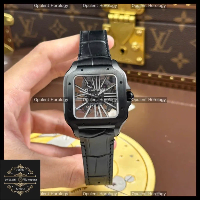Cartier Santos Skeleton Watch 39.8mm | Black Leather Strap - Super Clone
