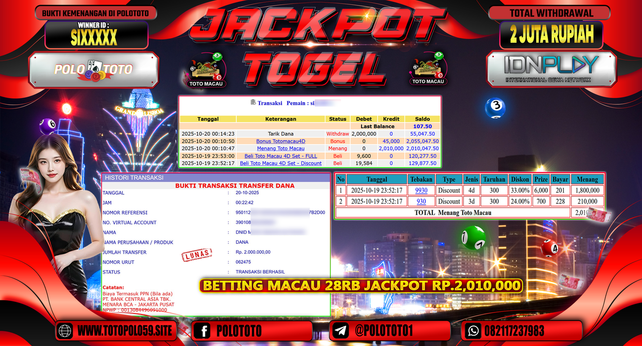 POLOTOTO JACKPOT TOGEL MENANG TOTO MACAU Rp.2.000.000,- LUNAS