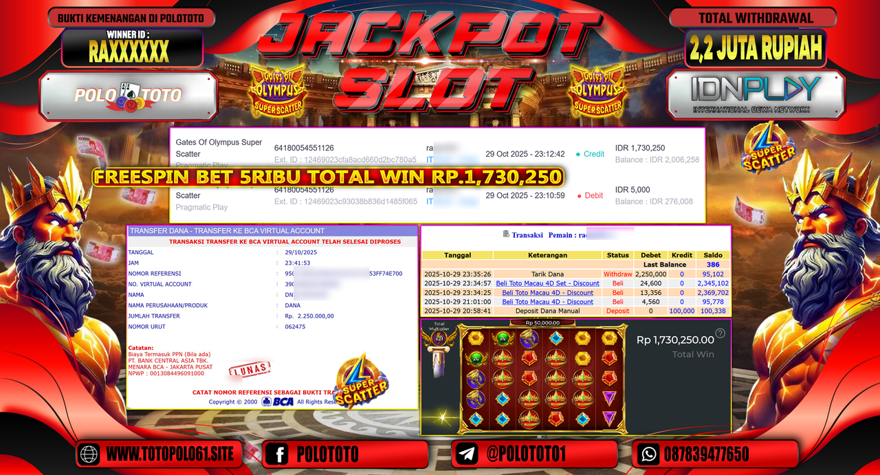 POLOTOTO JACKPOT SLOT GATES OF OLYMPUS SUPER SCATTER Rp.2.200.000,- LUNAS