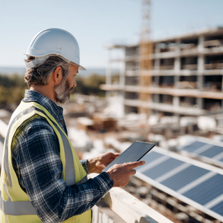 construction manager reviewing plans on a tablet at a sustainable building site with solar panels visible