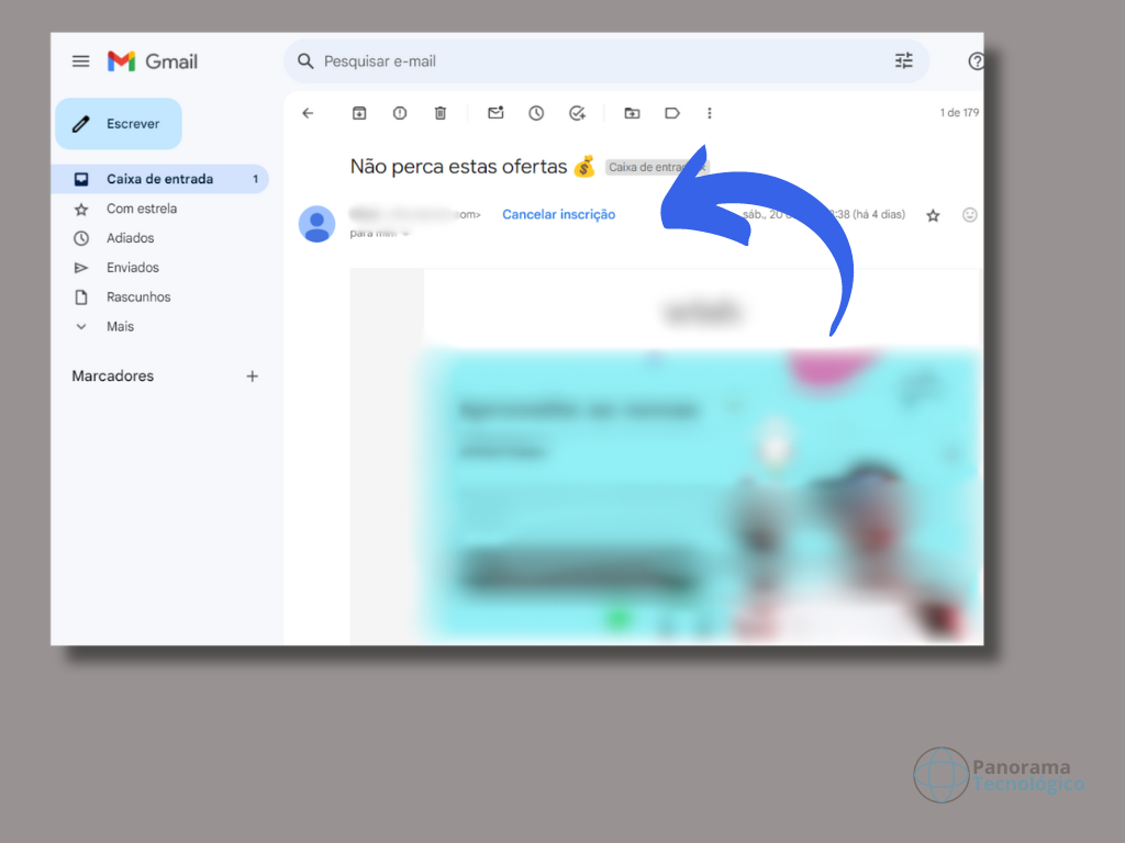 Botão cancelar inscrição na tela do Gmail na versão web.