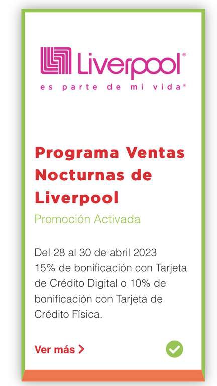 Banorte: Liverpool 15% bonificación con TDC Digital o 10% con TDC física 
