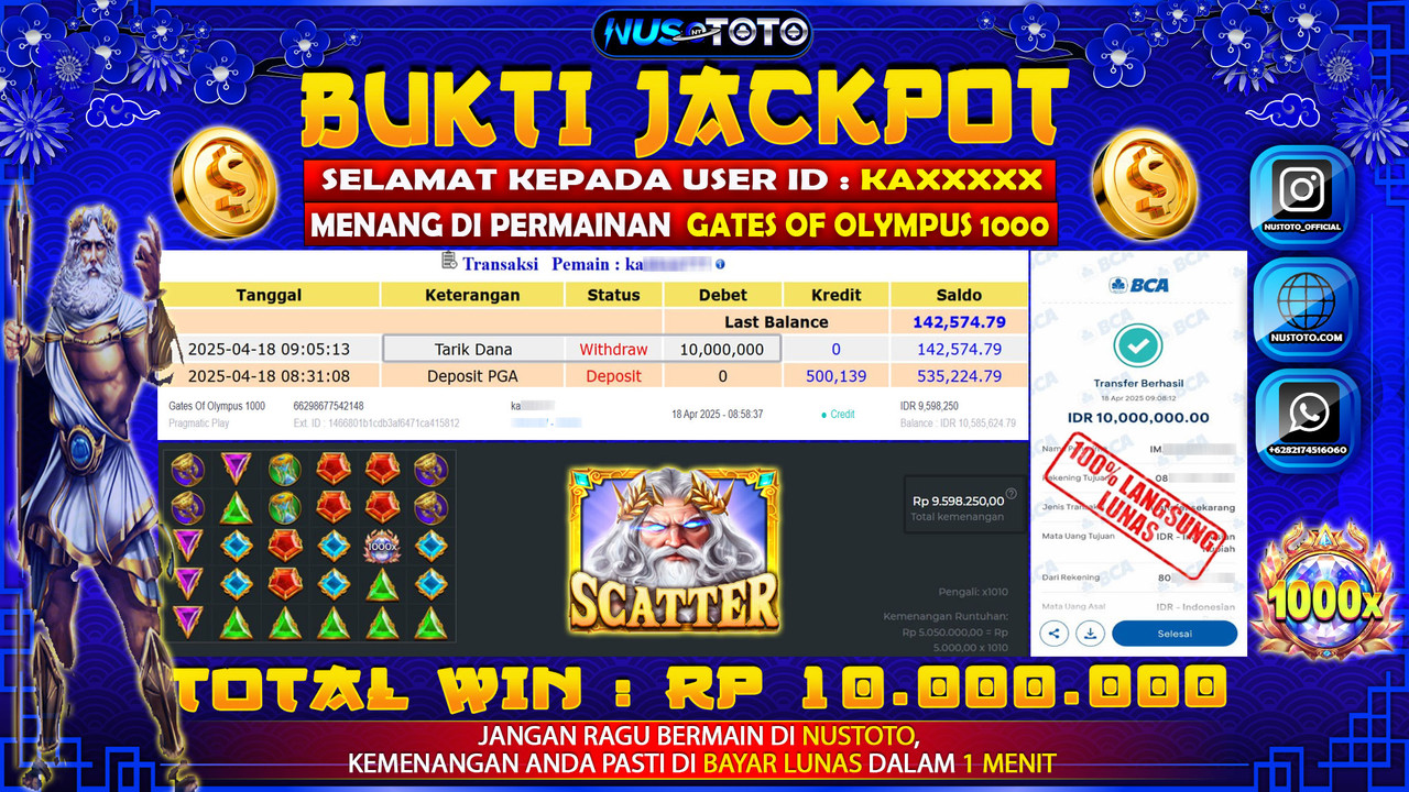 JACKPOT !! MENANG BESAR DI SLOT GATES OF OLYMPUS 1000 Rp. 10.000.000 LANGSUNG DI BAYAR LUNAS NUSTOTO !!