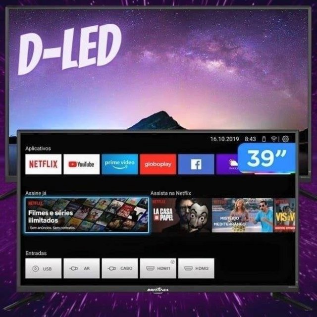 Smart TV LED 39 Britânia BTV39G60N5CH Wifi Integrado Processador Quad Core 2 HDMI 1 USB