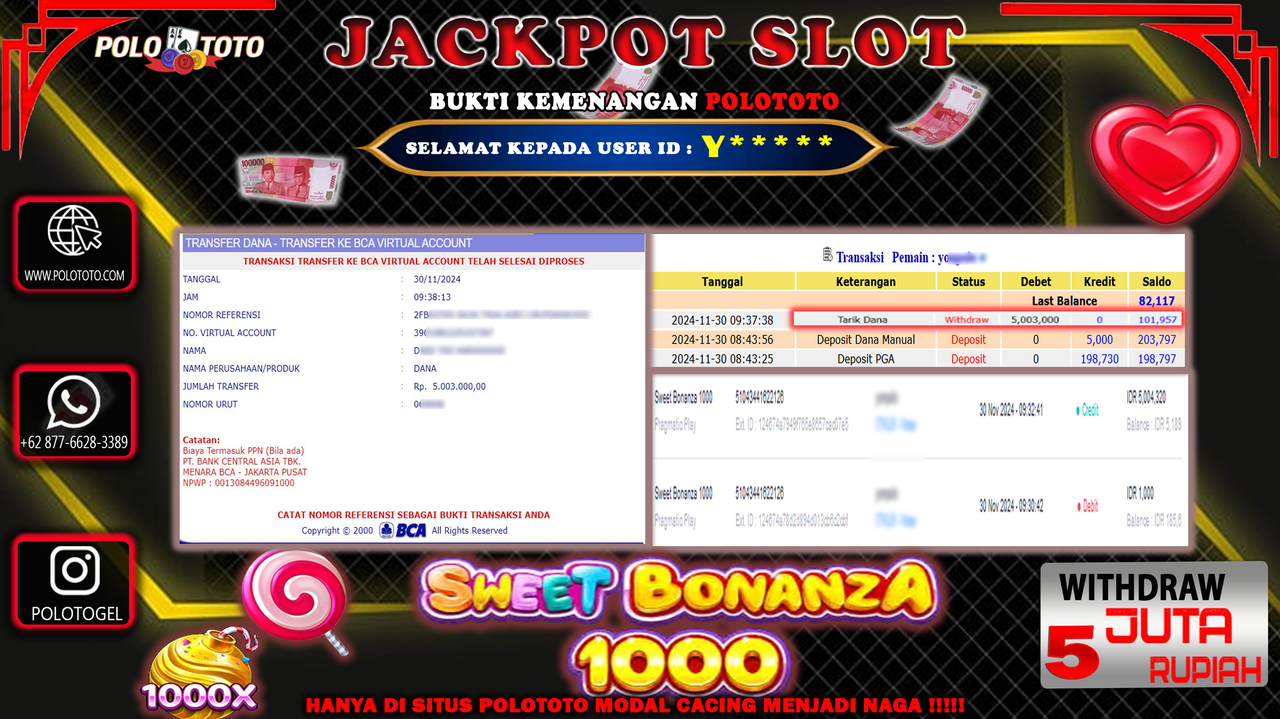 POLOTOTO JACKPOT SLOT SWEET BONANZA 1000 Rp.5,003.000,-