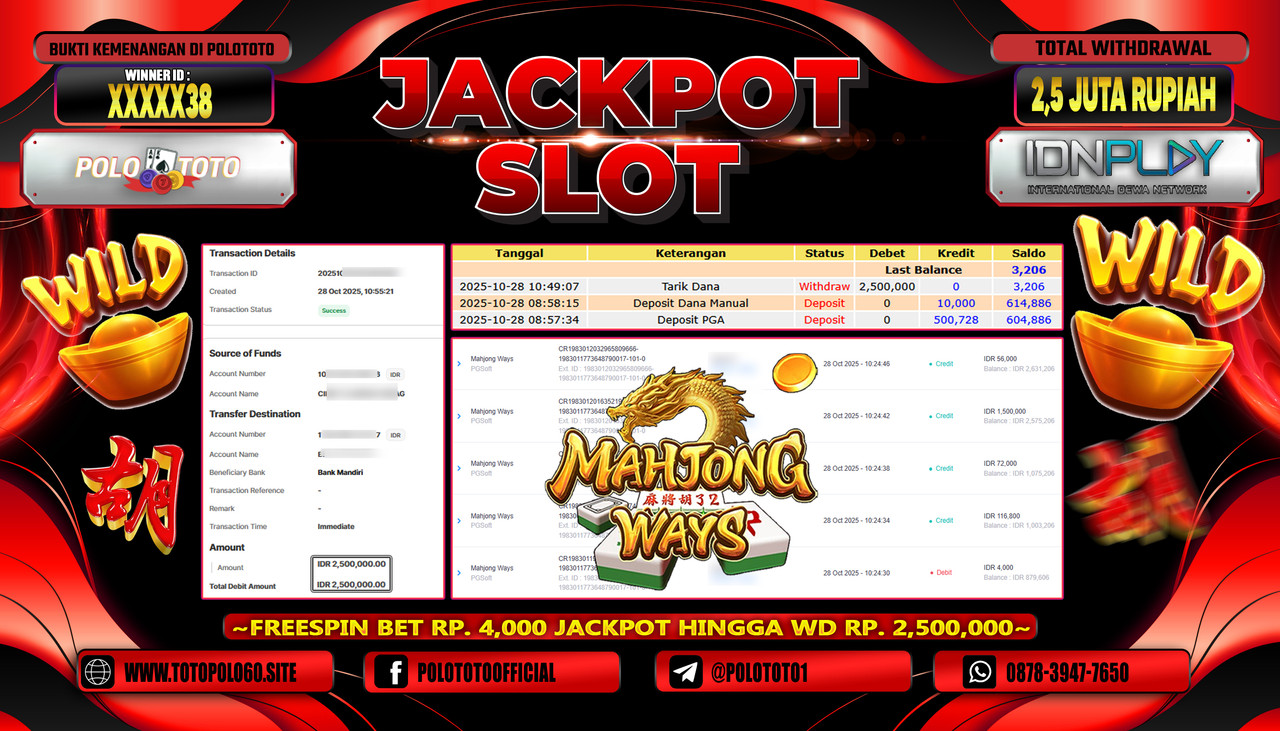 POLOTOTO JACKPOT SLOT MAHJONG WAYS Rp.2.500.000,- LUNAS