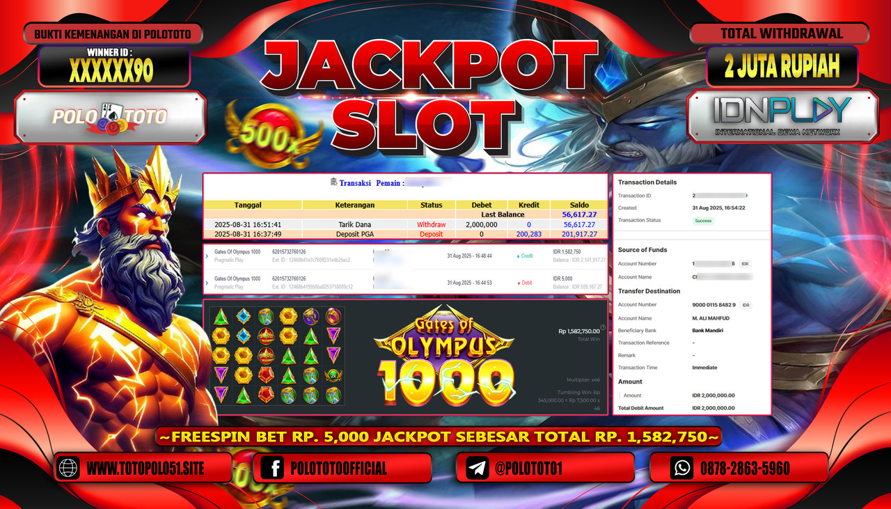 POLOTOTO JACKPOT SLOT GATES OF OLYMPUS 1000 Rp.2.000.000,-LUNAS