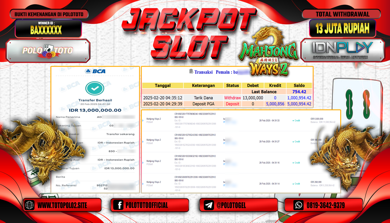 POLOTOTO JACKPOT SLOT MAHJONG WAYS 2 Rp.13.000.000,-