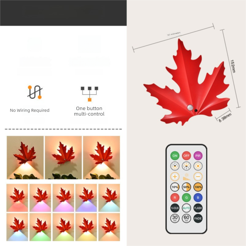2 Pcs Maple Leaf Smart LED Night Light – Battery-Powered Motion Sensor with Remote Control & Color Changing