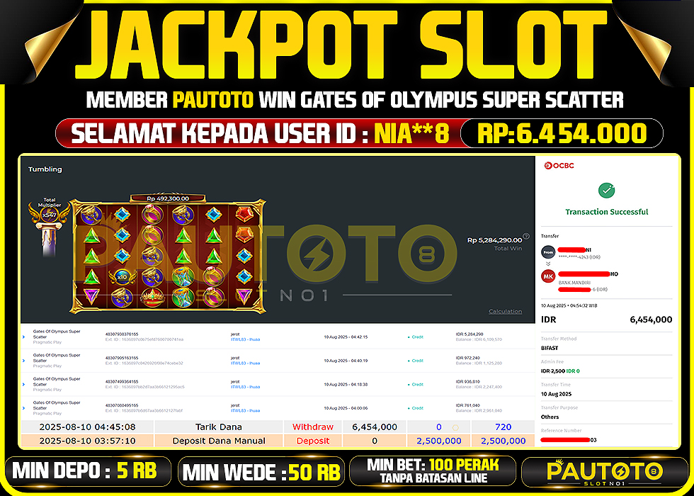 BUKTI PEMBAYARAN TGL 9 AGUSTUS 2025 MENANG DI PERMAINAN GATES OF OLYMPUS SUPER SCATTER TOTAL WD 6,4 JUTAAN
