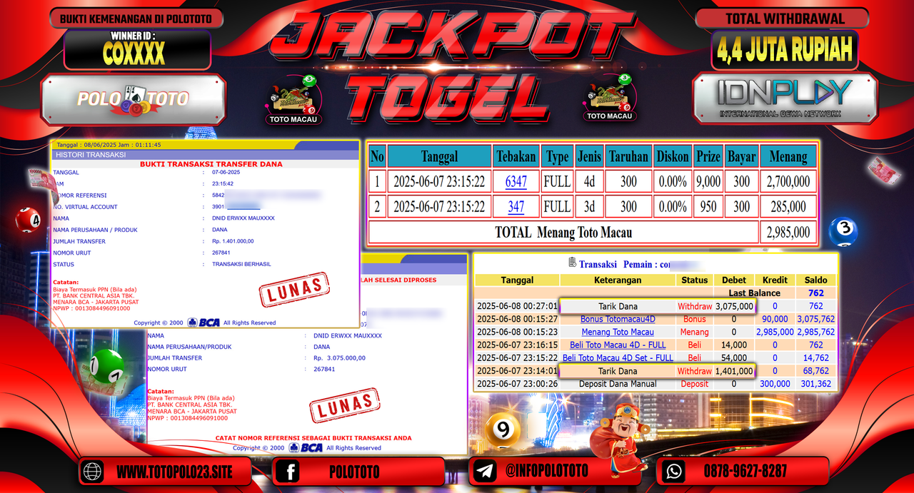 POLOTOTO JACKPOT TOGEL TOTO MACAU Rp.4.476.000,-