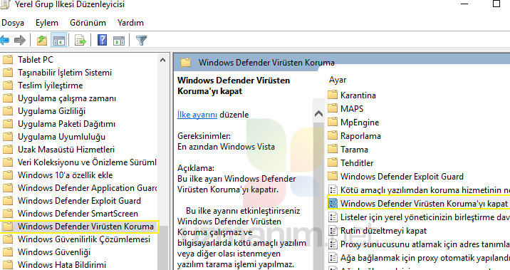 Windows 10 Windows Defender Kapatma - Yerel Grup İlkesi 