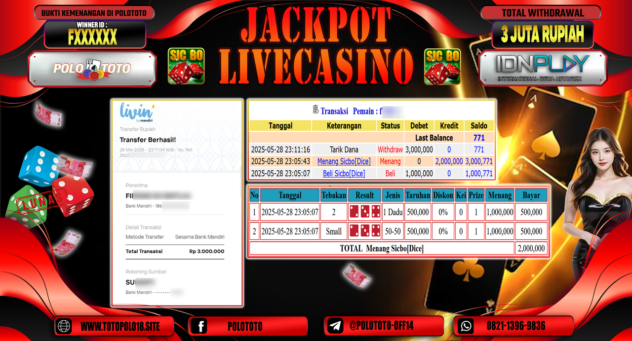 POLOTOTO JACKPOT LIVE CASINO MEGA SICBO Rp.2.500.000,-