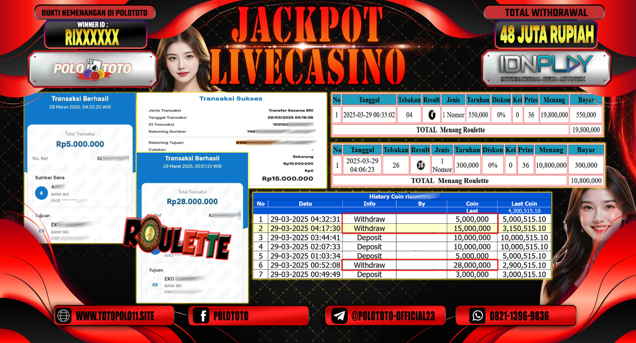 POLOTOTO JACKPOT LIVE CASINO ROULETTE  Rp.48.000.000,-
