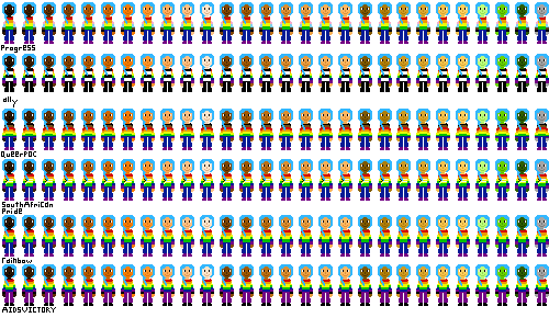 a row of people with pride flag shirts and cyan hair