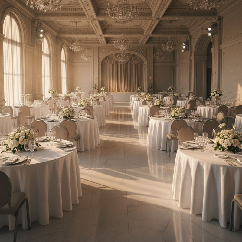 Подготовка банкетного зала к приему гостей: профессиональная аренда столов и текстиля для создания идеальной атмосферы.
