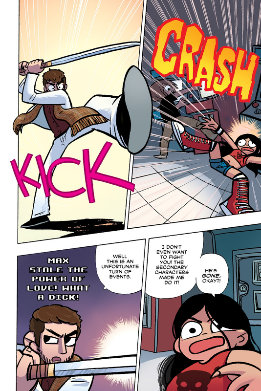 a scott pilgrim panel edit of various wrestlers. mjf is gideon and aj lee is scott. panel 1: max kicking with a sword above his head. panel 2: aj crashing to the floor. panel 3: max says 'well this is an unfortunate turn of events'. above him is text reading 'max stole the power of love! what a dick!' panel 4: aj says 'i don't even want to fight you! the secondary characters made me do it! he's gone okay?'