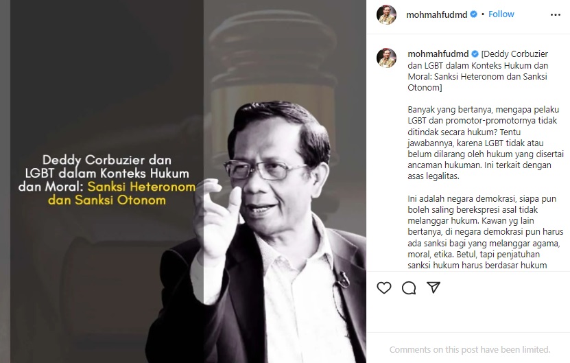Mahfud MD komentari knoten LGBT Deddy Corbuzier.