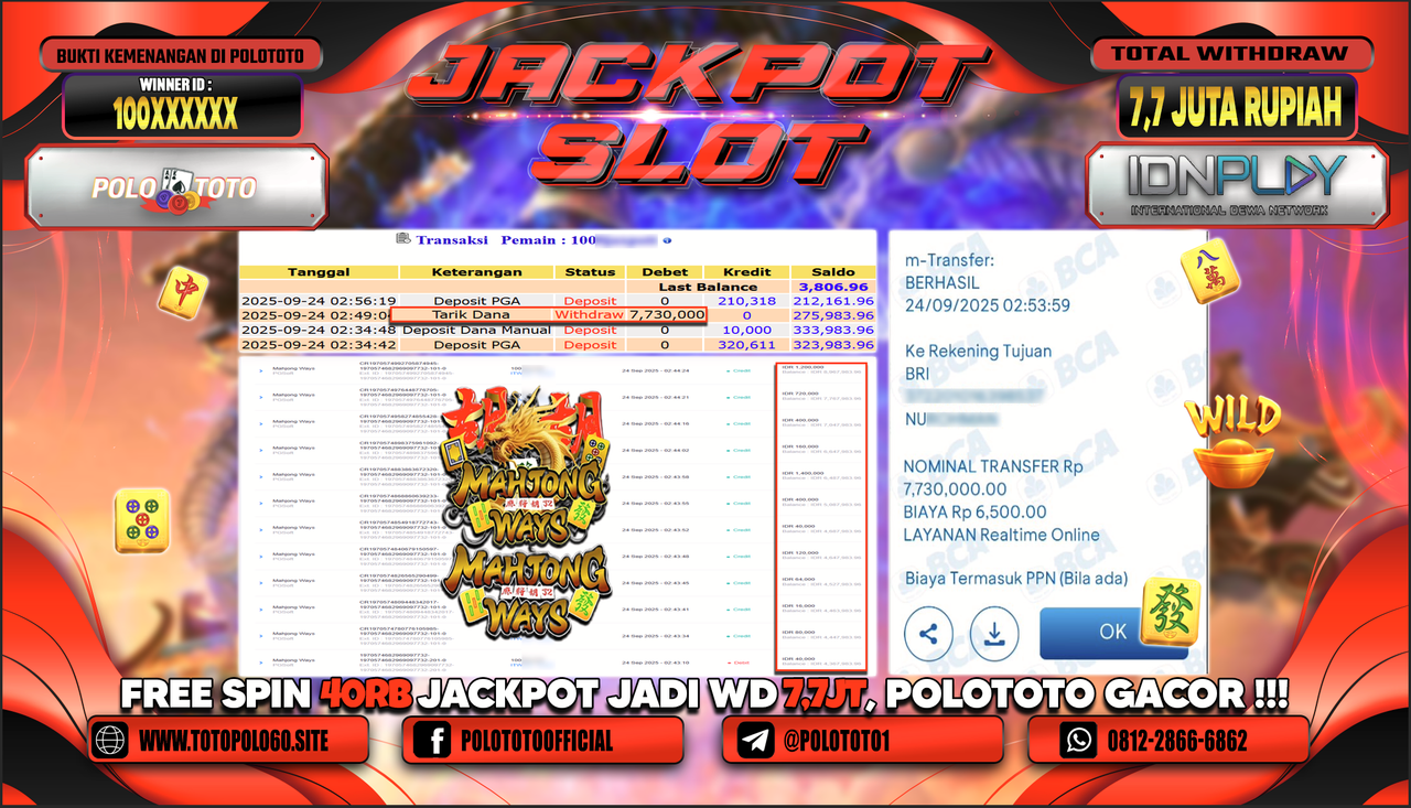 POLOTOTO JACKPOT SLOT MAHJONG WAYS Rp.7.700.000,- LUNAS