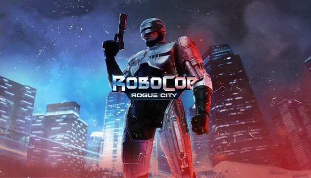 Keyart for RoboCop: Rogue City showing Robocop standing against a backdrop of the city with his pistol held in his right hand.