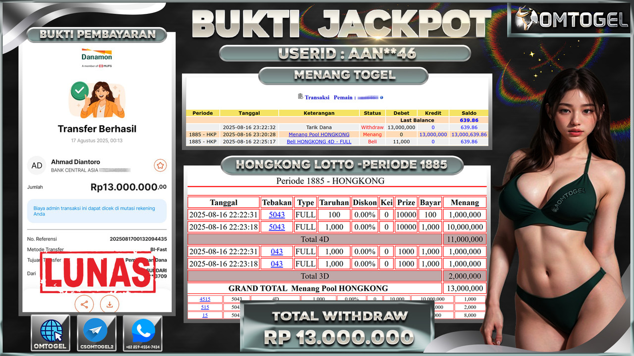 OMTOGEL JACKPOT HONGKONG LOTTO 4D 3D 13 JUTA DI BAYAR LUNAS ,-
