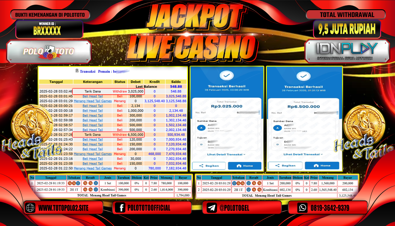 POLOTOTO JACKPOT LIVE CASINO HEAD TAIL Rp.9.525.000,-