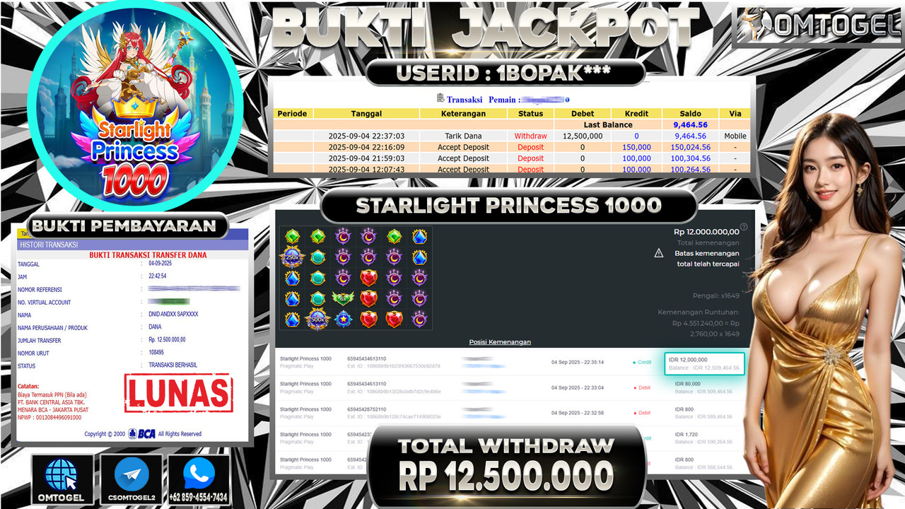 OMTOGEL JACKPOT PRAGMATIC PLAY STARLIGHT PRINCESS 1000 12 JUTA DI BAYAR LUNAS ,-