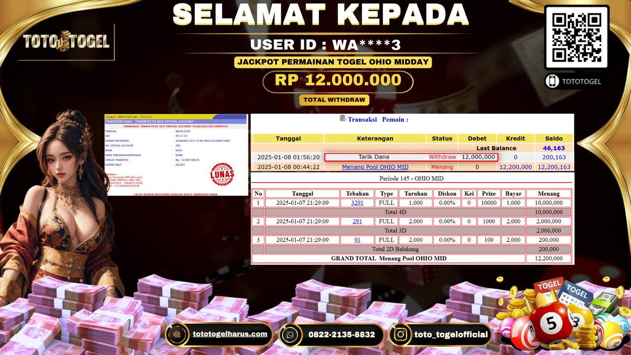 Bukti Pembayaran Jackpot  Permainan Togel Ohio Midday : WA*****3 LUNAS