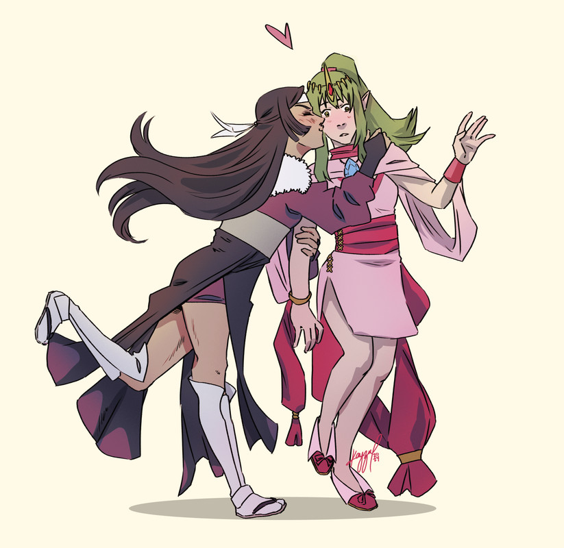 art of Say'ri kissing Tiki on the cheek.