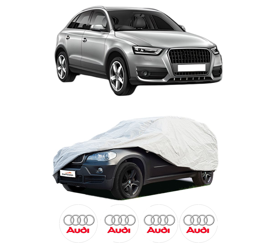 Husa tip prelata auto pentru AUDI Q3 (8UB, 8UG) din 2011-2018, Culoare Gri, material textil impermeabil, rezistanta la intemperii praf UV, CARPASSION Husa Protectie, 4 Stickere auto cu AUDI