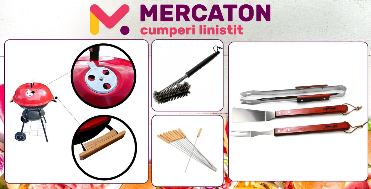 Gratar Mercaton pentru Gradina cu Capac din Otel si 3 Ustensile pentru Gratar, 10 Tepuse pentru Frigarui cu Maner din Lemn, Perie Inox cu Sarma pentru Curatare - Gratare de gradina - Mercaton Store