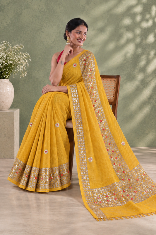 Women's Designer Kota Doria Gota Patti Saree with Aari Embroidery & Unstitched Blouse Piece - additional view