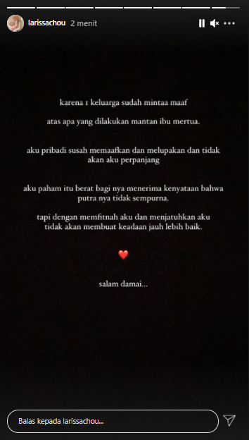 Larissa Chou tanggapi permintaan maaf Alvin Faiz soal unggahan ibunya